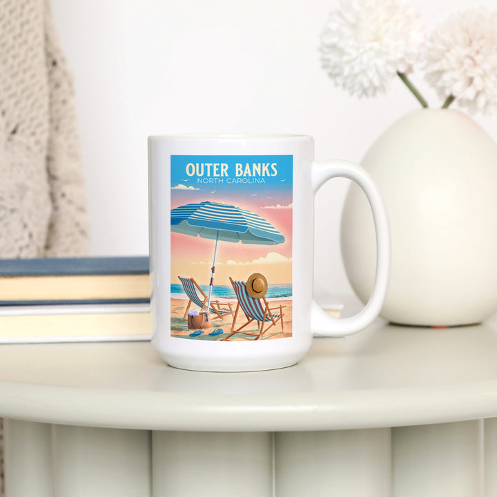 Outer Banks, North Carolina, Beach Chair and Umbrella, Ceramic Mug