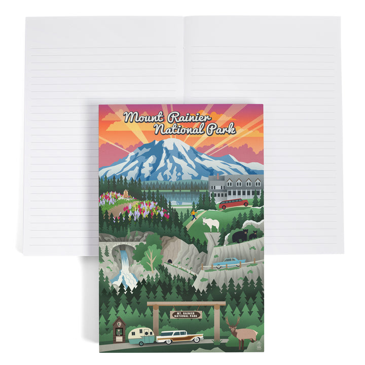 Lined 6x9 Journal, Mount Rainier National Park, Washington, Retro View, Lay Flat, 193 Pages, FSC paper