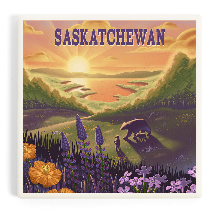 Saskatchewan, Lithograph, Bear and Spring Flowers, Lake, Coasters