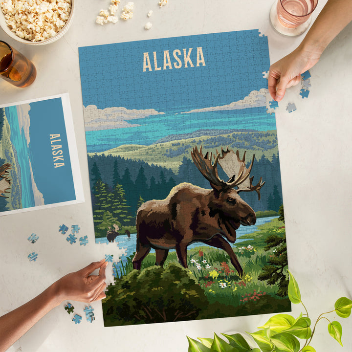 Alaska, Painterly, Moose and Wildflowers, Jigsaw Puzzle