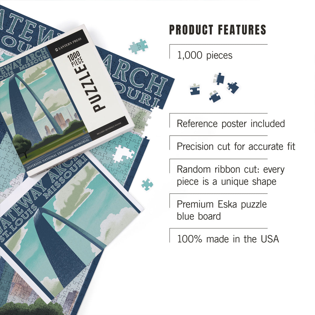 St. Louis, Missouri, Gateway Arch Lithography Style, 1000 Piece Jigsaw Puzzle