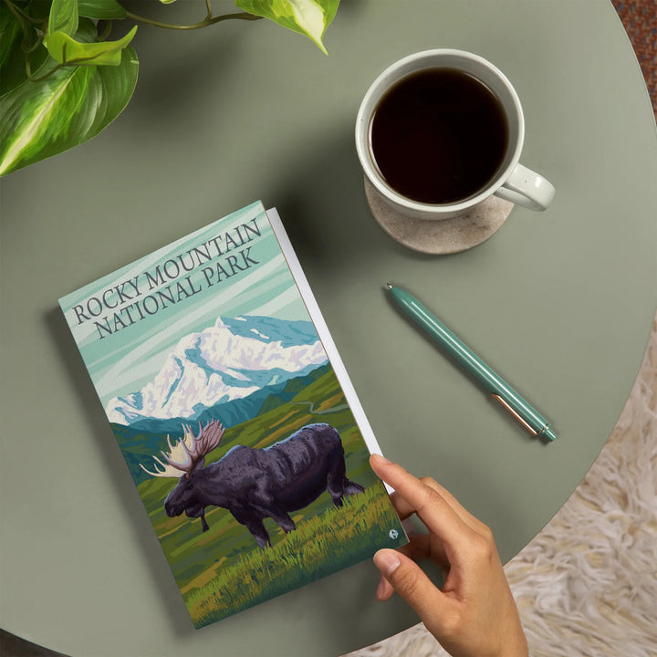 Lined 6x9 Journal, Rocky Mountain National Park, Colorado, Moose and Snowy Mountain, Lay Flat, 193 Pages, FSC paper