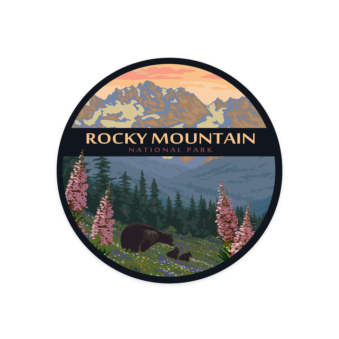 Rocky Mountain National Park, Bear Family & Spring Flowers, Contour, Lantern Press Artwork, Vinyl Sticker