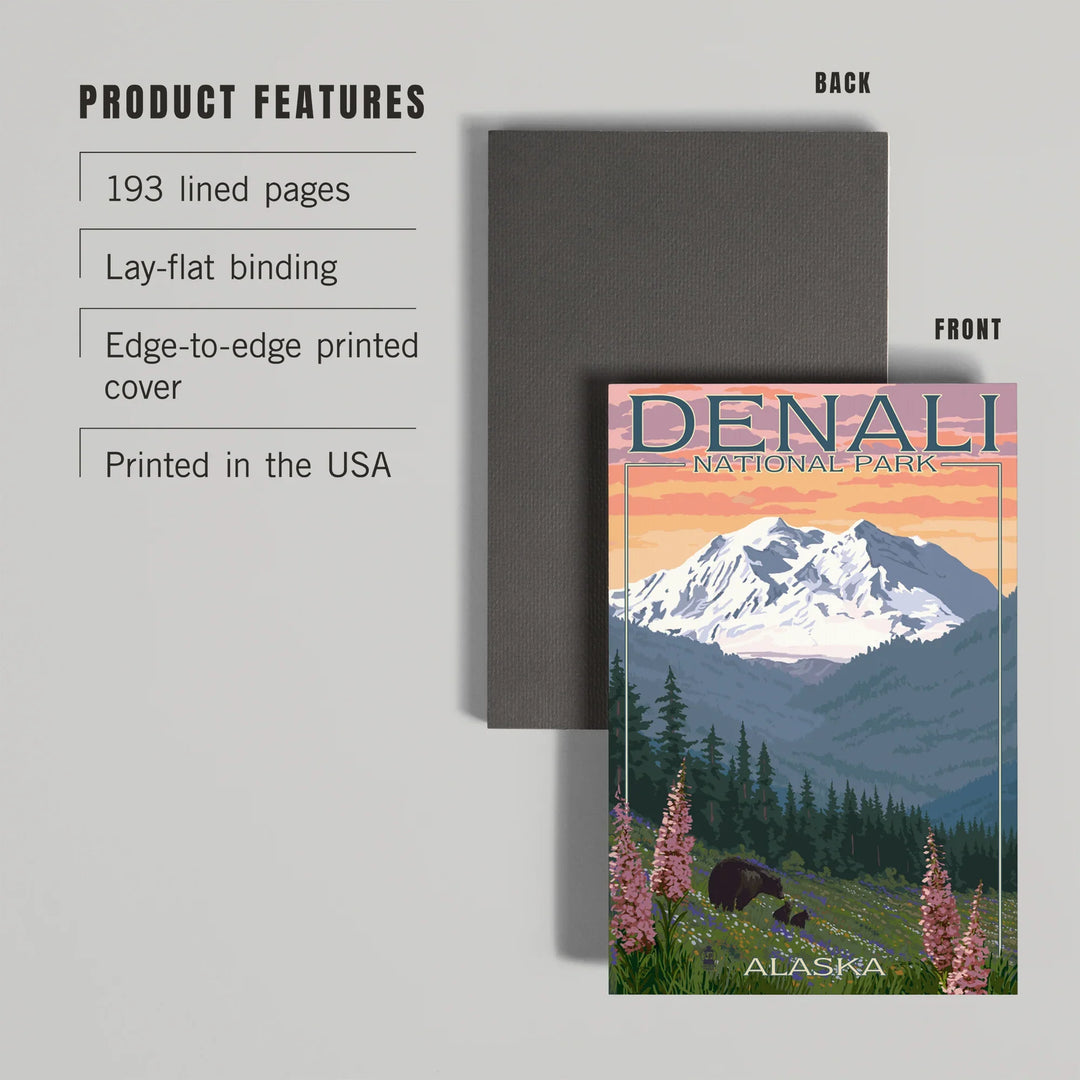 Lined 6x9 Journal, Denali National Park, Alaska, Bear and Cubs with Flowers, Lay Flat, 193 Pages, FSC paper