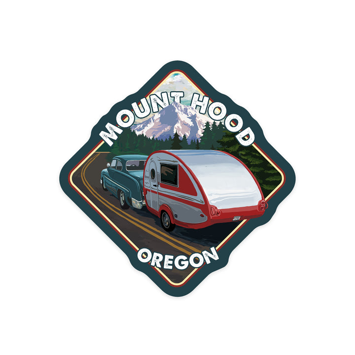Mount Hood, Oregon, Retro Camper on Road, Contour, Vinyl Sticker
