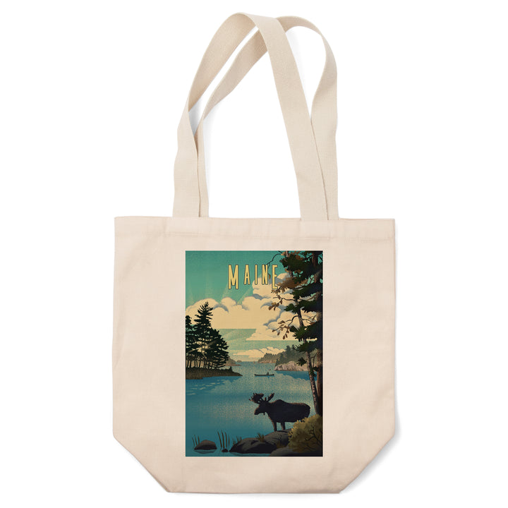 Maine, Moose and Lake, Lithograph, Tote Bag