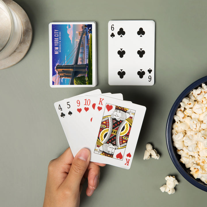 Playing Cards, New York City, New York, Lithograph, Brooklyn Bridge at Dusk, 52 Card Deck with Jokers in Box, Unique Art