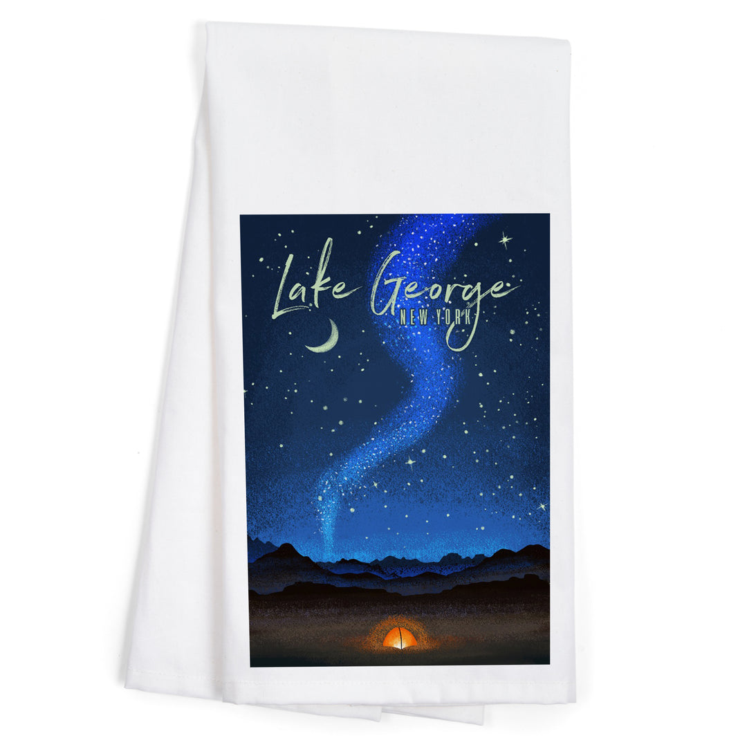Lake George, New York, Tent and Night Sky, Mid-Century Style, Organic Cotton Kitchen Tea Towels