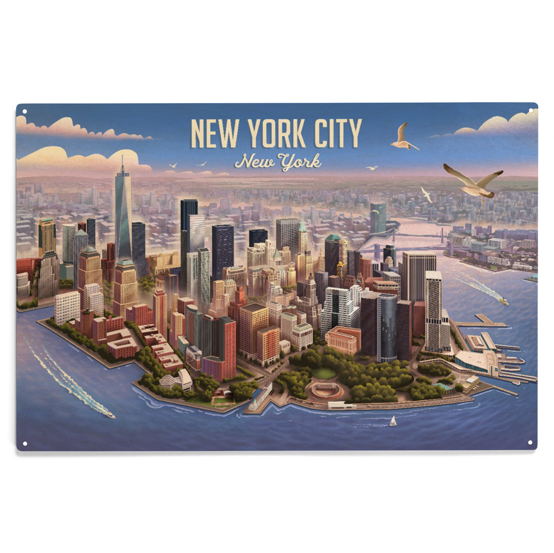 New York City, New York, Lithograph, Lower, Wood Sign and Postcards