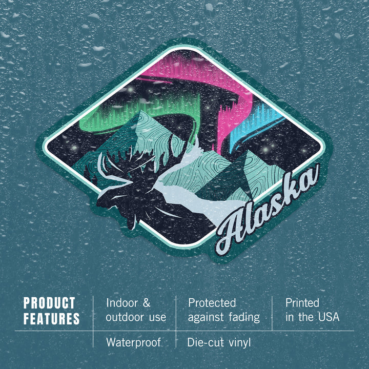 Alaska, Northern Lights, Mountains, Moose, Vector, Contour, Vinyl Sticker