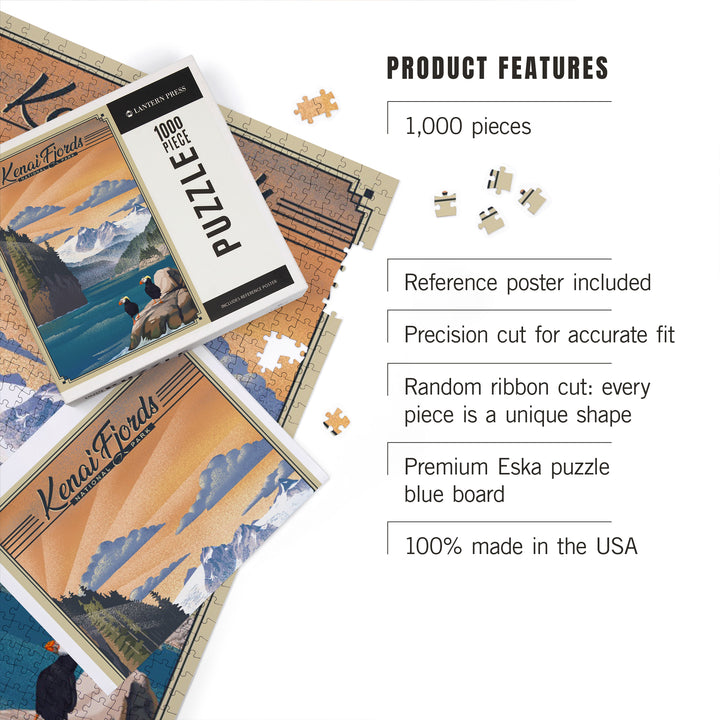 Kenai Fjords National Park, Alaska, Lithograph Park Series, Tufted Puffins, 1000 Piece Jigsaw Puzzle