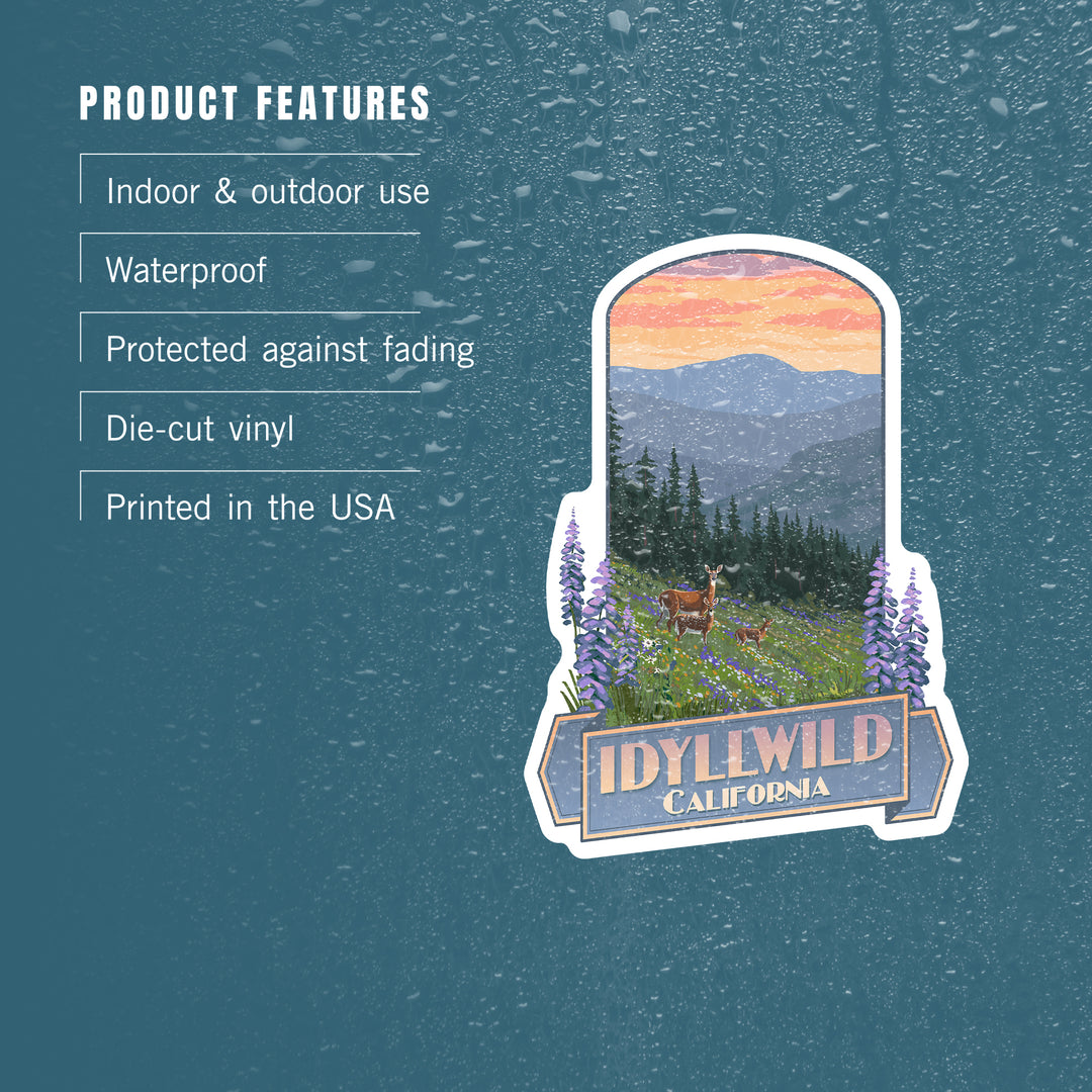 Idyllwild, California, Deer & Spring Flowers, Contour, Lantern Press Artwork, Vinyl Sticker