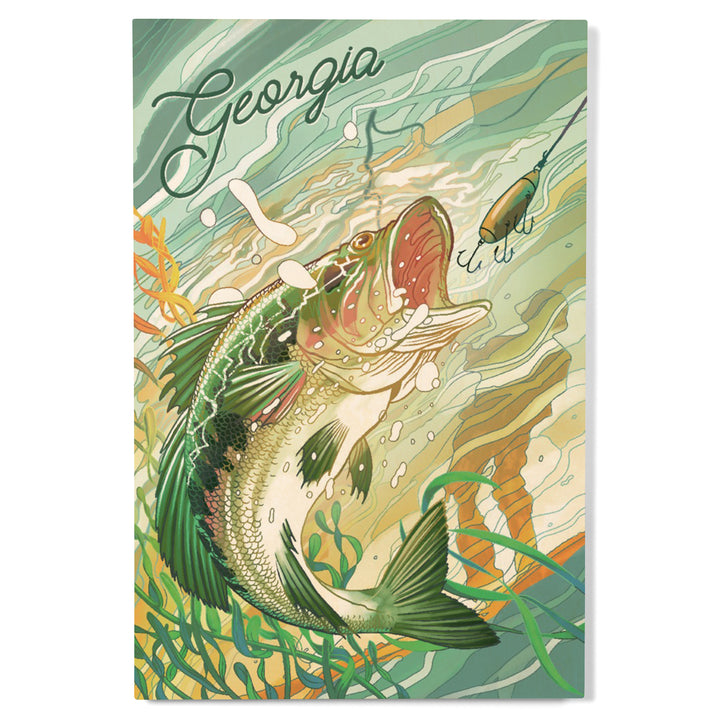 Georgia, Fish All Day, Bass, Wood Signs and Postcards - Lantern Press