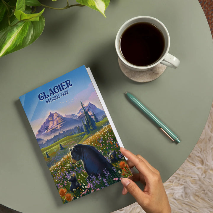 Lined 6x9 Journal, Glacier National Park, Bear Family in Field, Going to the Sun Road, Lay Flat, 193 Pages, FSC paper