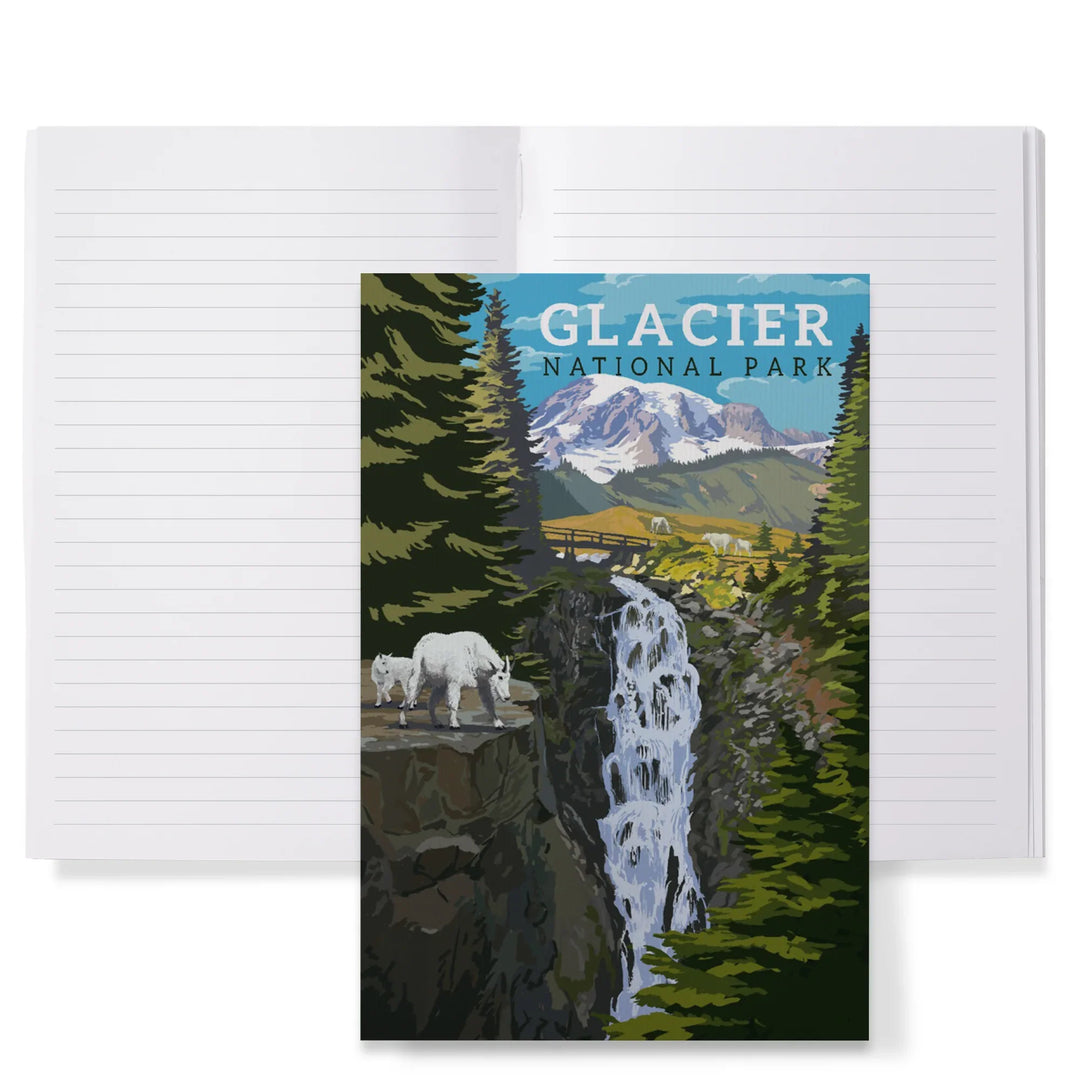 Lined 6x9 Journal, Glacier National Park, Montana, Mountain Goats and Waterfall, Lay Flat, 193 Pages, FSC paper