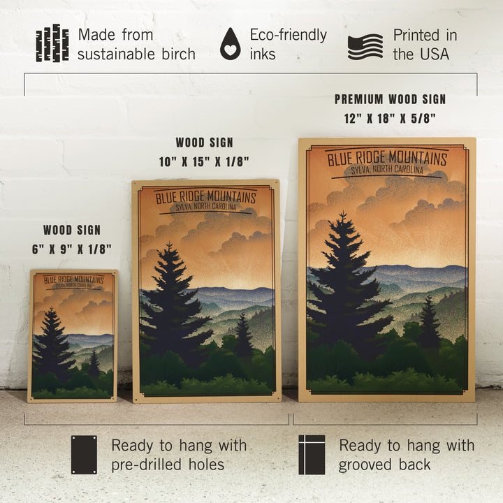 Sylva, North Carolina, Lithograph, Blue Ridge Mountains, Sunrise, Wood Signs and Postcards