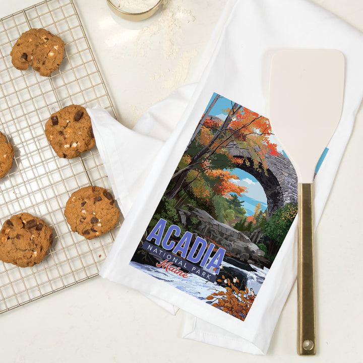 Acadia National Park, Maine, Stone Bridge Illustration, Organic Cotton Kitchen Tea Towels