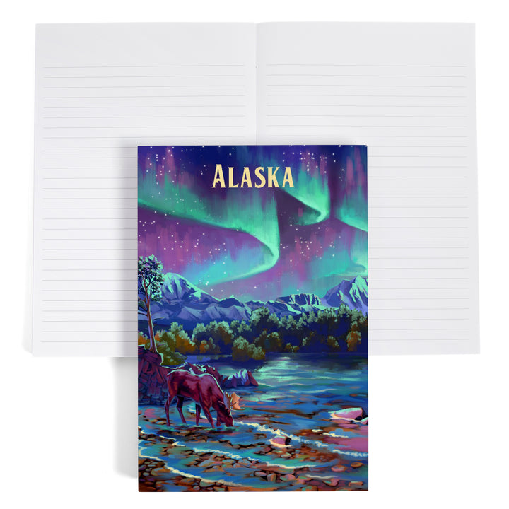 Lined 6x9 Journal, Alaska, Oil Painting, Northern Lights Lake, Lay Flat, 193 Pages, FSC paper