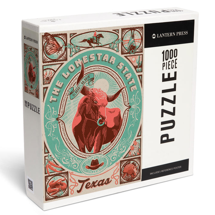 Texas, Woodcut Menagerie Series, The Lone Star State, 1000 Piece Jigsaw Puzzle