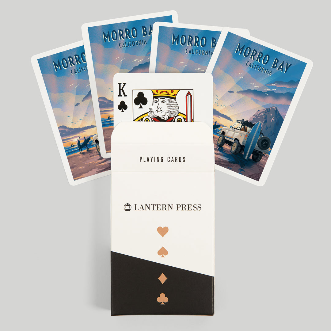 Playing Cards, Morro Bay, California, Lithograph, Surfers on Beach, 52 Card Deck with Jokers in Box, Unique Art