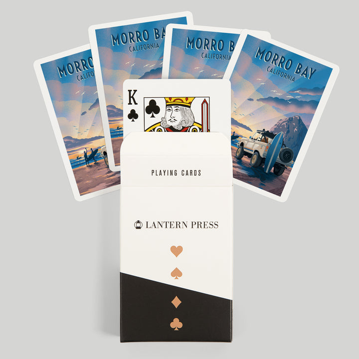Playing Cards, Morro Bay, California, Lithograph, Surfers on Beach, 52 Card Deck with Jokers in Box, Unique Art