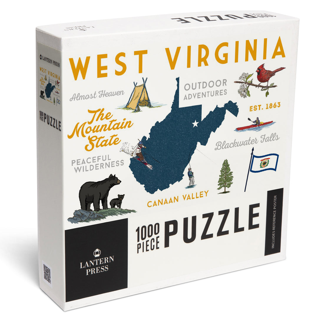 West Virginia, The Mountain State, Typography and Icons, 1000 Piece Jigsaw Puzzle