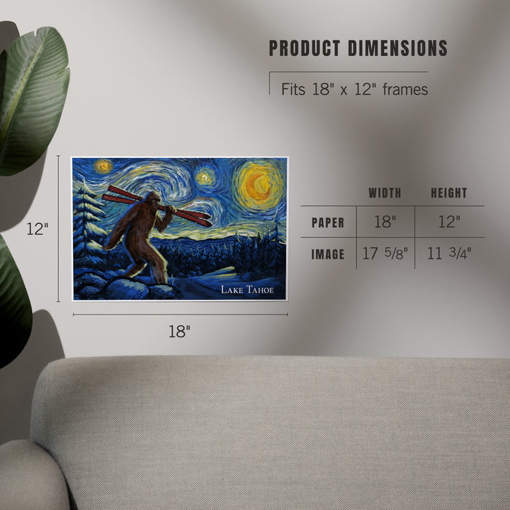 Lake Tahoe, California, Starry Night, Winter Bigfoot with Skis, Art & Giclee Prints