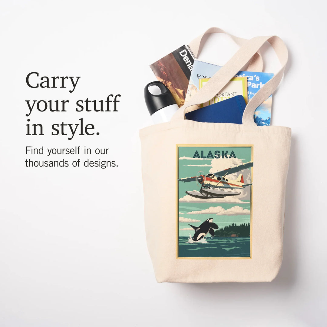 Alaska, Painterly, Float Plane and Orca, Tote Bag