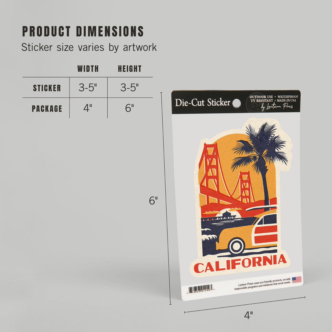 Isla Vista, California, Golden Gate Bridge, Woodblock, Contour, Lantern Press Artwork, Vinyl Sticker
