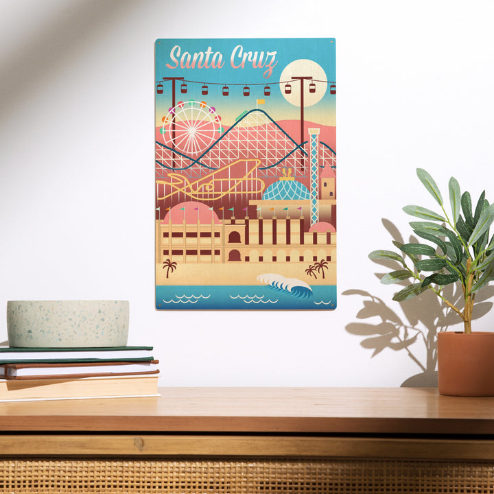 Santa Cruz, California, Retro Skyline, Beach, Wood Sign and Postcards