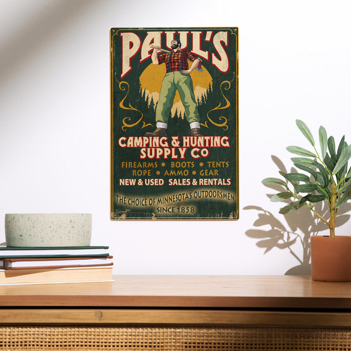 Minnesota, Paul Bunyan Camping Supply Vintage Sign, Wood Sign and Postcards