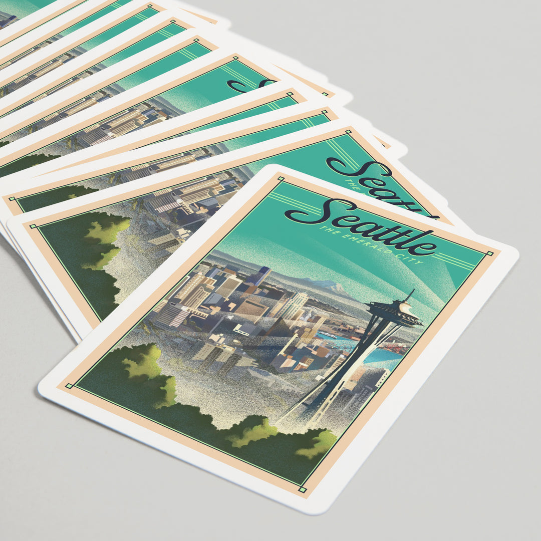 Playing Cards, Seattle, Washington, Skyline, Lithograph, 52 Card Deck with Jokers in Box, Unique Art