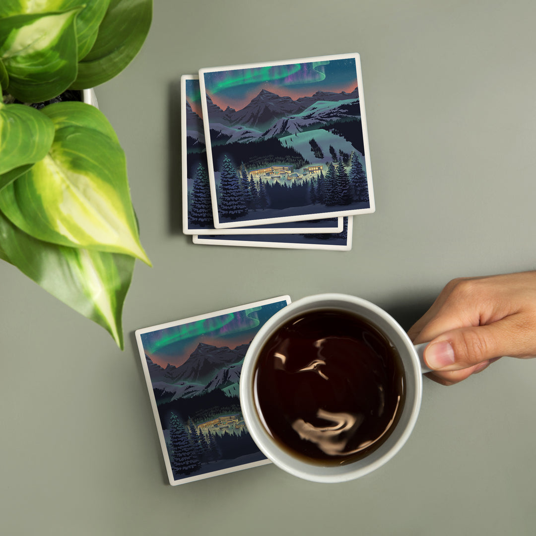 Lithograph, Village under Northern Lights, Coasters