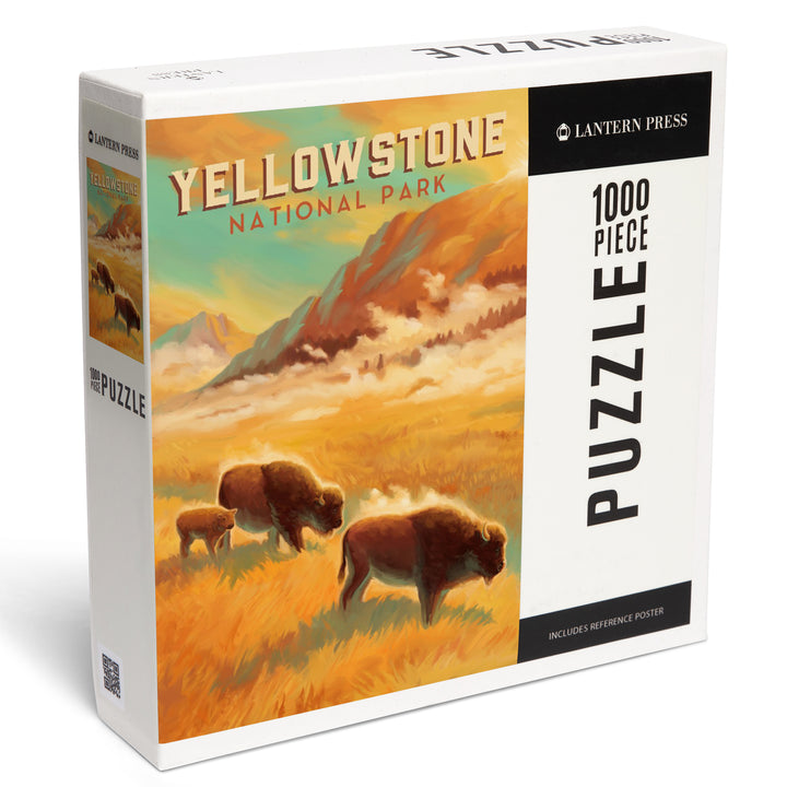 Yellowstone National Park, Bison Family, Oil Painting, Jigsaw Puzzle