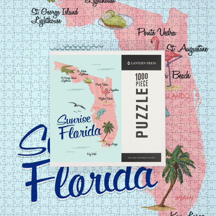 Sunrise, Florida, Typography and Icons, Pink and Blue, Jigsaw Puzzle