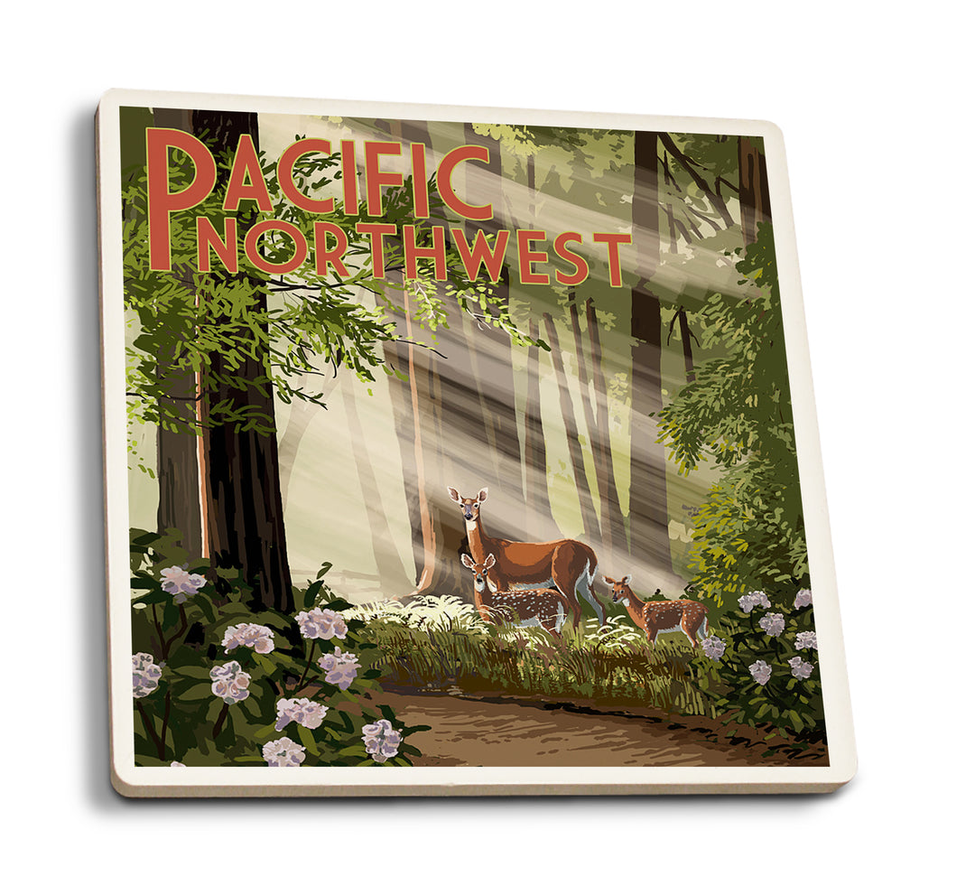 Pacific Northwest, Deer in Forest, Coaster Set