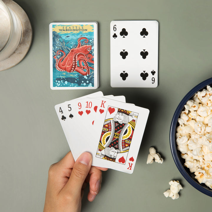 Playing Cards, Seattle, Washington, Vintage Print Press, Octopus, 52 Card Deck with Jokers in Box, Unique Art