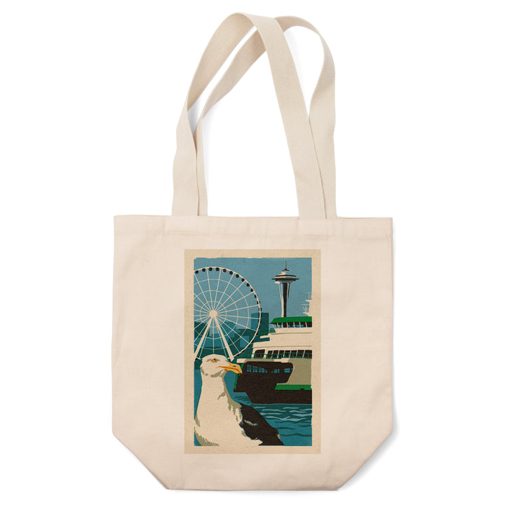 Seattle, Washington, Woodblock City Series, Waterfront, Tote Bag
