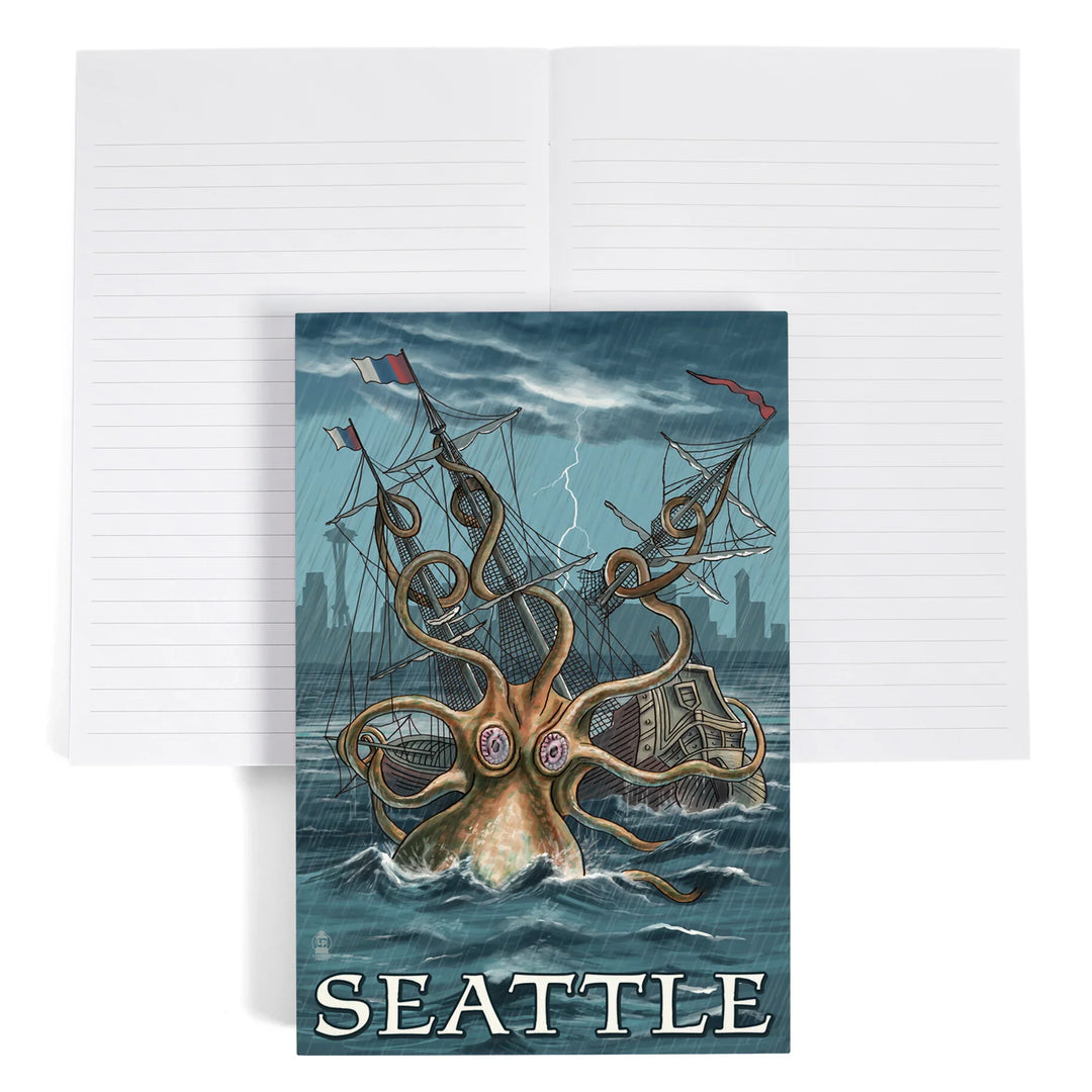 Lined 6x9 Journal, Seattle, Washington, Kraken Attacking Ship, Lay Flat, 193 Pages, FSC paper