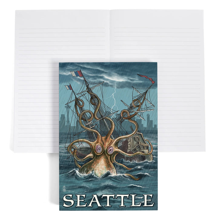 Lined 6x9 Journal, Seattle, Washington, Kraken Attacking Ship, Lay Flat, 193 Pages, FSC paper