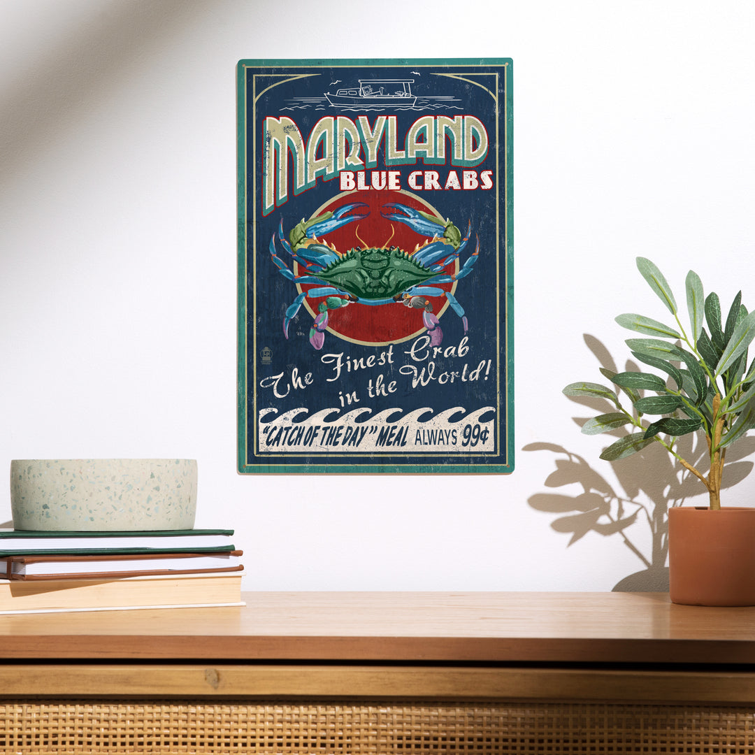 Maryland, Blue Crabs Vintage Advertisement, Wood Sign and Postcards