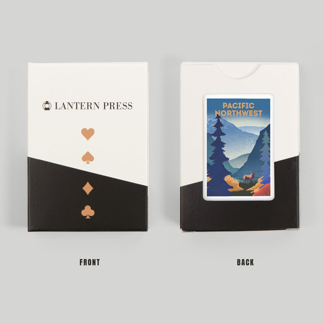 Playing Cards, Pacific Northwest, Lithograph, Elk and Mountains Scene, 52 Card Deck with Jokers in Box, Unique Art