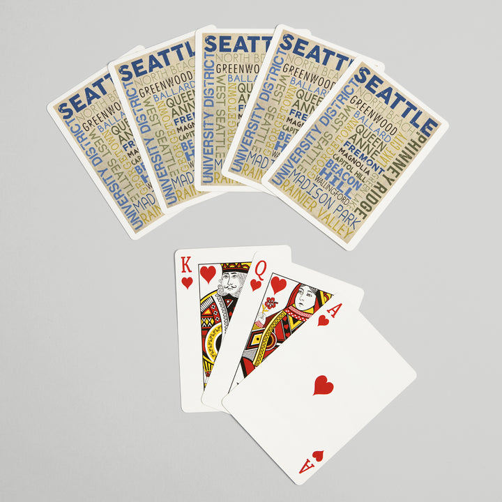 Playing Cards, Seattle, Washington, Neighborhoods Typography, 52 Card Deck with Jokers in Box, Unique Art