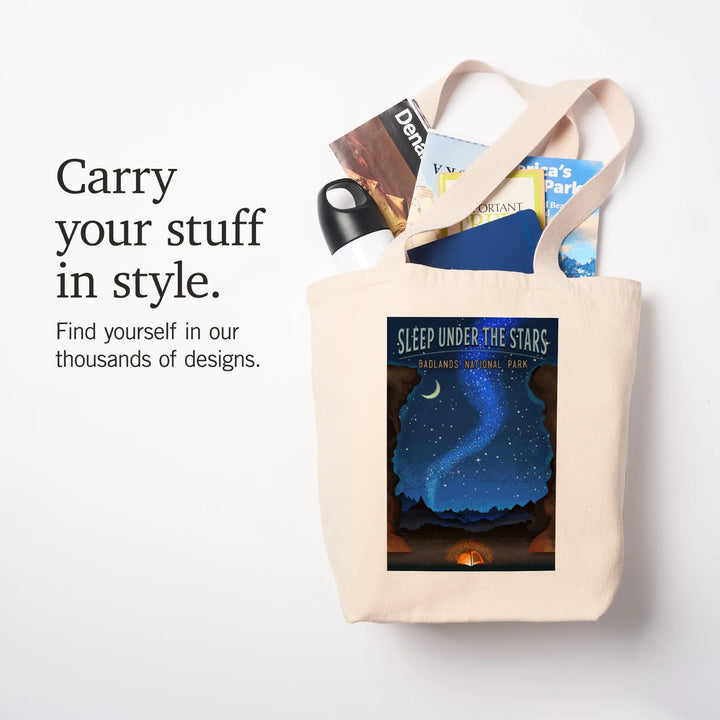 Badlands National Park, South Dakota, Sleep Under the Stars, Tent and Night Sky, Tote Bag