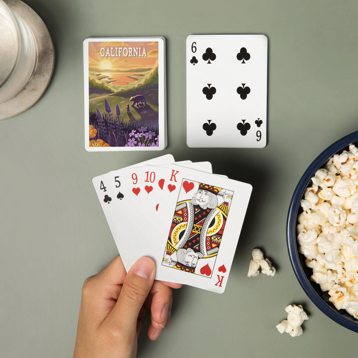 Playing Cards, California, Bear and Spring Flowers, Lithograph, 52 Card Deck with Jokers in Box, Unique Art