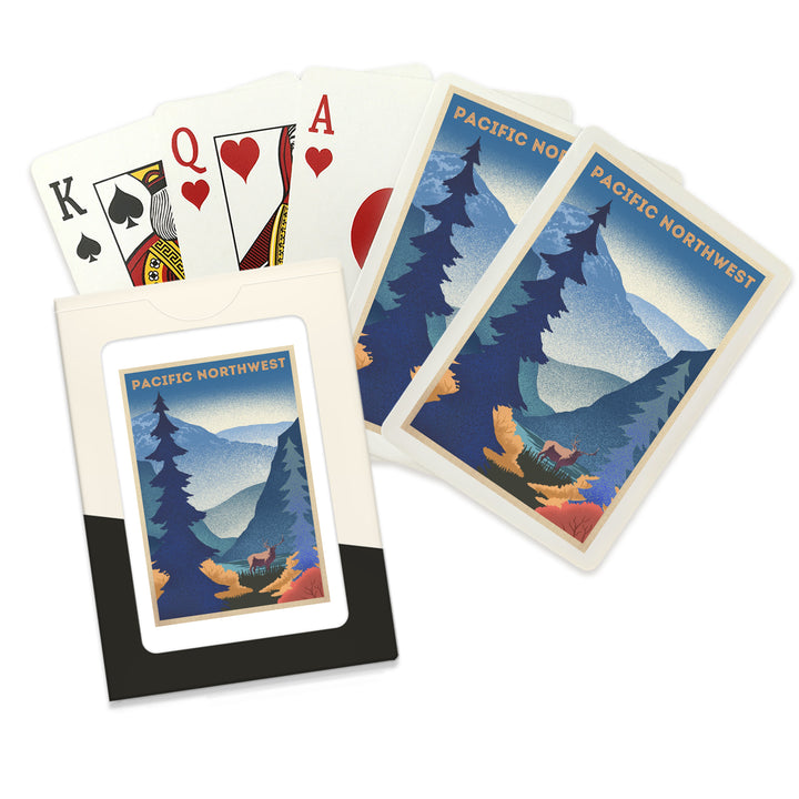 Playing Cards, Pacific Northwest, Elk and Mountain Scene, Lithograph, 52 Card Deck with Jokers in Box, Unique Art