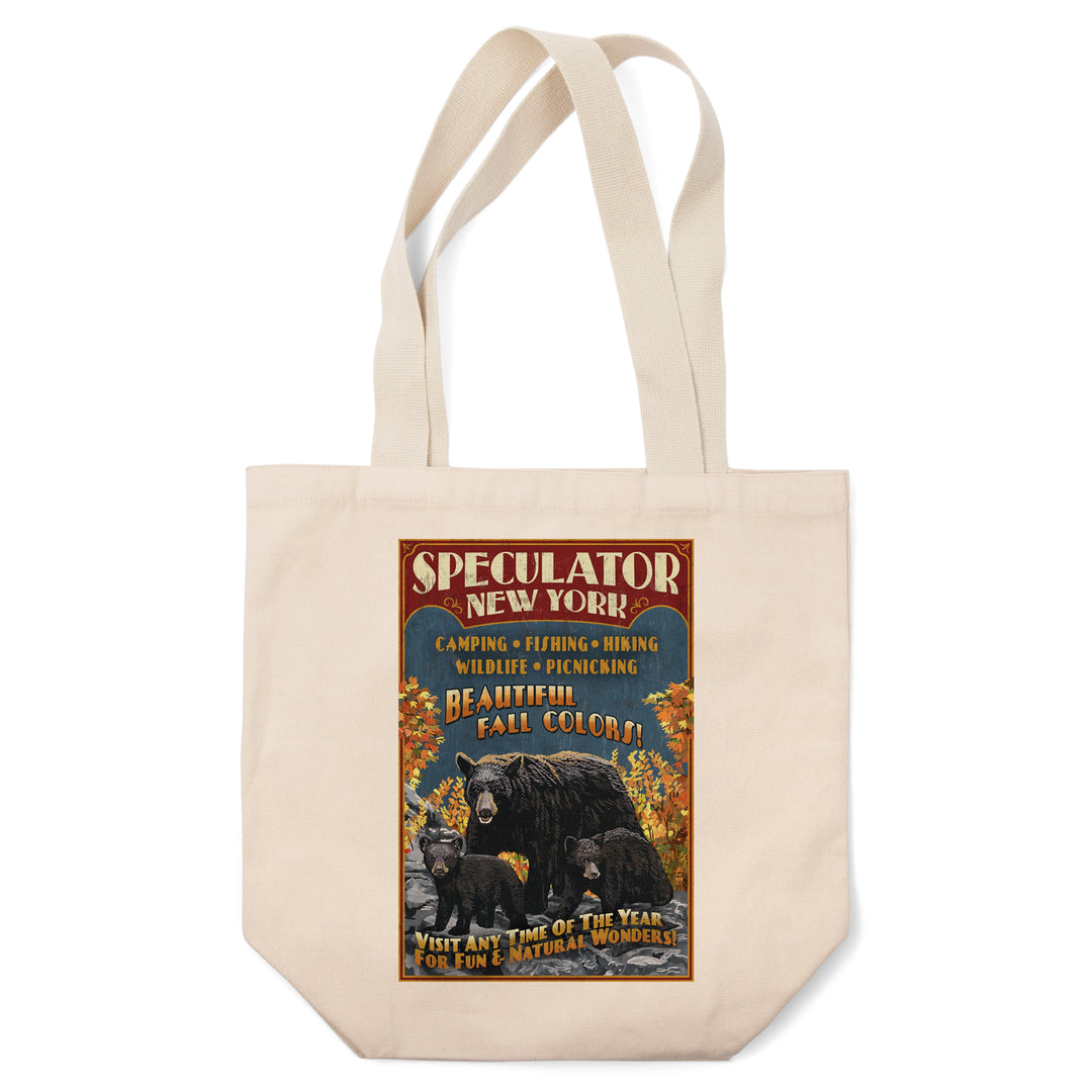 Speculator, New York, Black Bear Family Vintage Sign, Lantern Press Artwork, Tote Bag