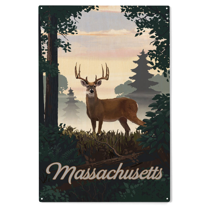 Massachusetts, Painterly, Deer and Sunrise, Wood Sign and Postcards