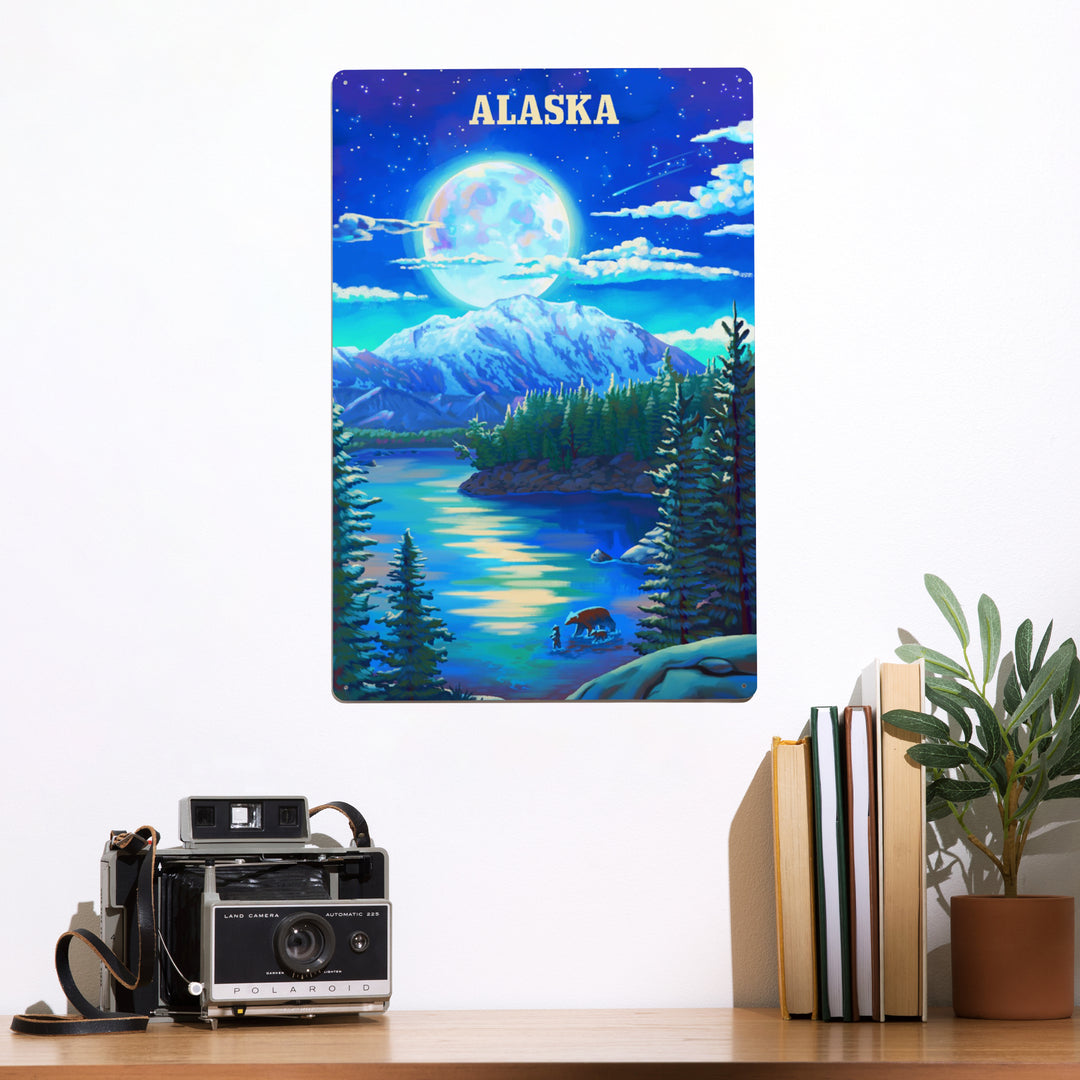 Alaska, Oil Painting, Lake and Super Moon, 12x18 Metal Sign