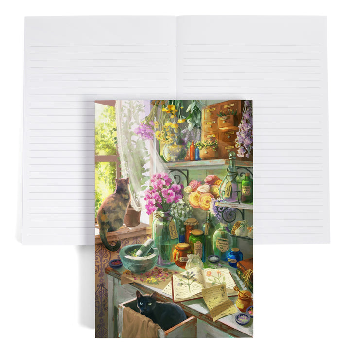 Lined 6x9 Journal, Garden Apothecary, With Cat, Oil Painting, Lay Flat, 193 Pages, FSC paper